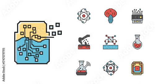 Digital circuit board submerged in liquid with data transfer and processing.