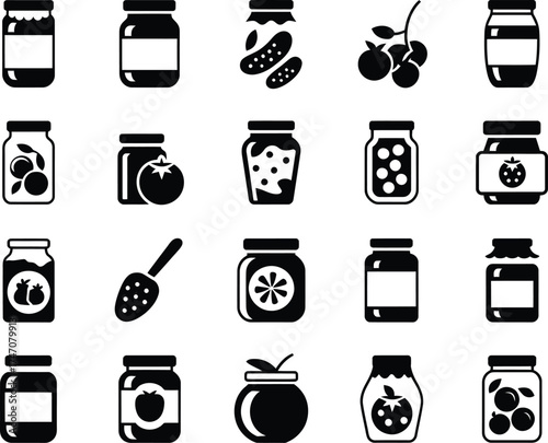 Collection of black and white icons representing jars of preserves and pickles