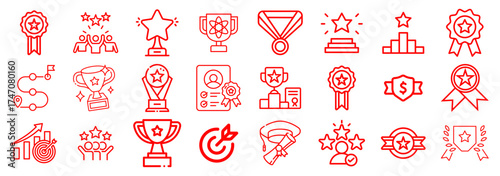 Red Line Icons Representing Achievement, Success, and Awards
