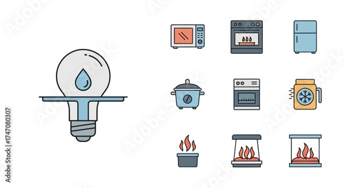 Energy-Efficient Appliances and Lighting Icons for Sustainable Living.