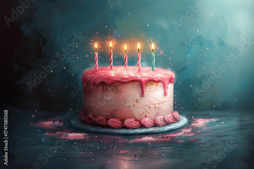 Birthday cake, biscuit. Happy birthday card. Ai generative art, illustration.