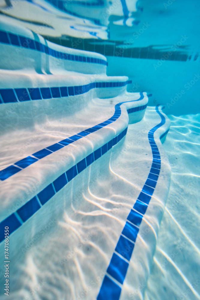 Obraz premium Underwater View of Pool Steps with Blue Tile and Sunlight Reflections in Clear Water