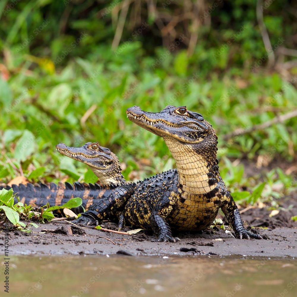 Fototapeta premium Two young crocodiles on muddy bank