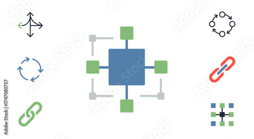Graphical Representation of a Central Hub with Network Connection Icons.
