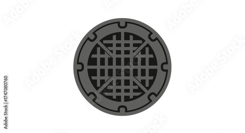 Gray circular manhole cover with a grid pattern isolated.