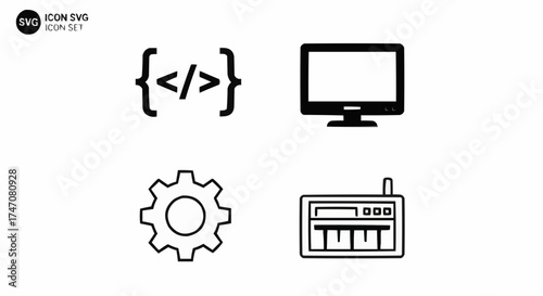 Minimal 4 Icon Vector Set – Coding and Technology Symbols of Code Brackets, Monitor, Gear and Terminal in Black SVG Outline Style on White Background