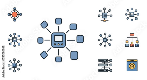 Hand drawn computer network and data distribution icons set.