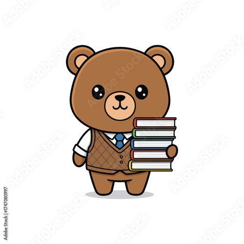 teddy bear reading book vector illustration on white background 
