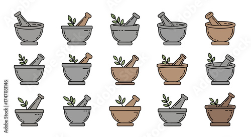 Hand drawn mortar and pestle icon set for herbal medicine.