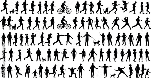 Human and animal silhouette icon set with walking, running, biking, and dog interactions, black vector for motion, lifestyle, and activity themes