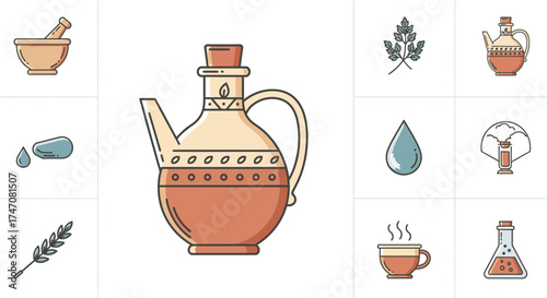 Herbal remedy bottle with mortar pestle and other wellness icons.