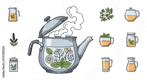 Herbal Tea Infusion - Steaming Kettle and Medicinal Herbs Illustration.