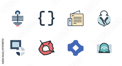 Icons representing various aspects of technology and design concepts.