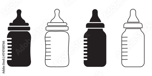 Baby Bottle Icon Set – Infant Feeding and Nutrition Symbol Collection | Vector Line and Silhouette Bottle 
Icons for Childcare and Parenting Design