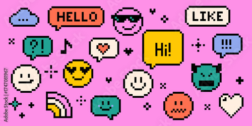 Pixel art bright emoticons with speech bubbles. Retro 8 bit gaming style chat boxes, smile facec, cool sunglasses, devil horns, love eyes, rainbow. Game abstract vector elements for digital design
