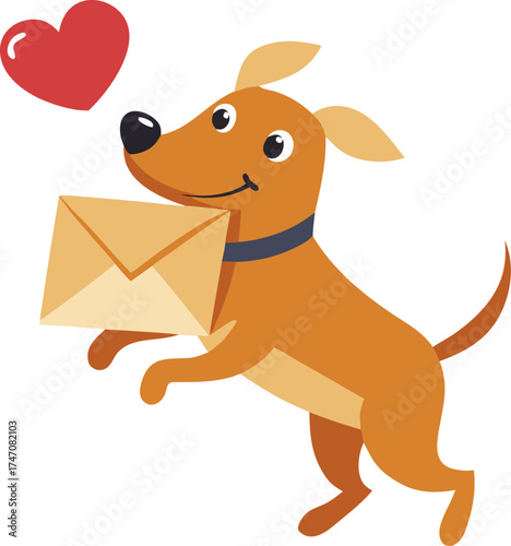 Dog delivering love letter with envelope in mouth , vector, white, white background