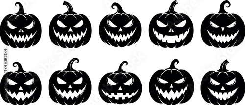 Jack-o'-lantern silhouette set, ten expressive pumpkin faces, spooky Halloween design, black and white carving icons, eerie festive decoration artwork
