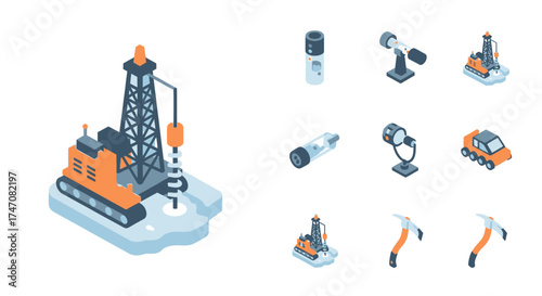 Isometric Arctic Research and Polar Exploration Equipment Set.