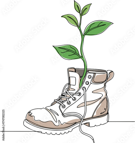 A green sprout emerges from an old work boot, symbolizing growth, new life, and opportunities after losing a job due to automation.