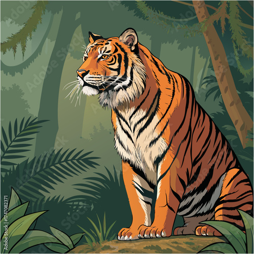 Majestic Tiger Vector Illustration – Full Body, Realistic Stripes, High-Quality Design