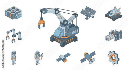 Isometric collection of industrial robots satellites and technology icons.