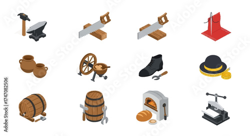 Isometric Icons of Crafting Tools and Objects - A Collection of Artisan Elements.