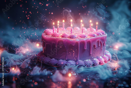 Birthday cake, biscuit. Happy birthday card. Ai generative art, illustration.