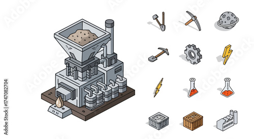 Isometric Mining Factory and Tools Illustration.
