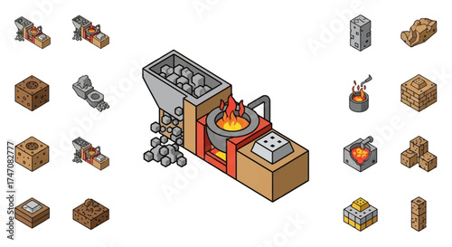 Isometric pixel art of a metal smelting furnace with various ore and ingot icons.