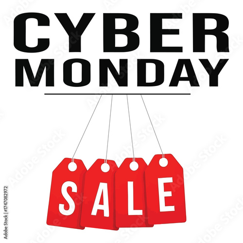 Cyber Monday sale graphic with hanging red price tags. Vector typography for online retail and e-commerce promotion.