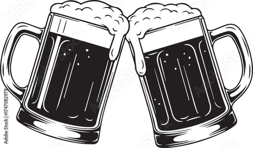 Illustration of Two Frothy Beer Mugs Clinking Together in a Celebration