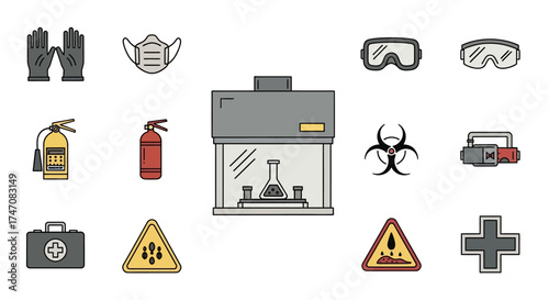 Laboratory Safety Equipment and Hazard Symbols Illustration.