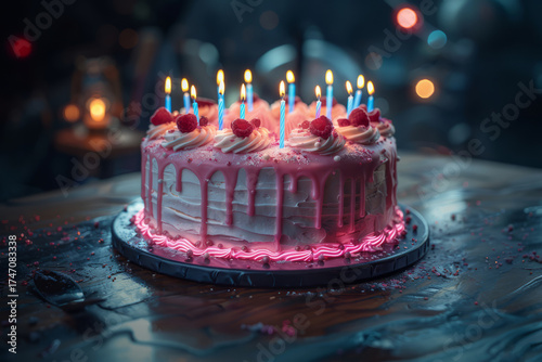 Birthday cake, biscuit. Happy birthday card. Ai generative art, illustration.
