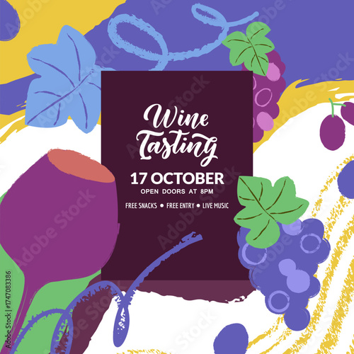 Wine label design with watercolor glass and grapes. Vector winery background. Restaurant bar menu, alcohol packaging