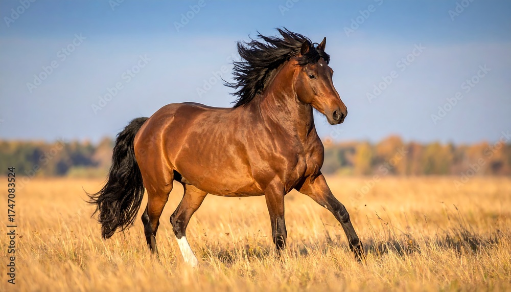 Fototapeta premium A brown horse galloping across a golden field, mane and tail flowing in the wind. Sunlight illuminates the scene, with a clear, light-blue sky and autumnal trees in the background