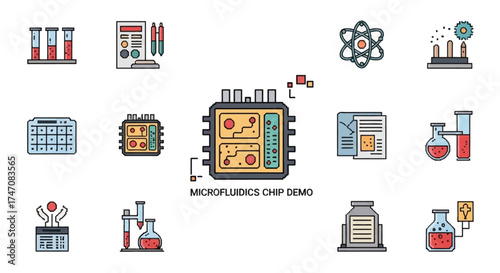 Microfluidics Chip Demo and Scientific Experiment Icon Set.