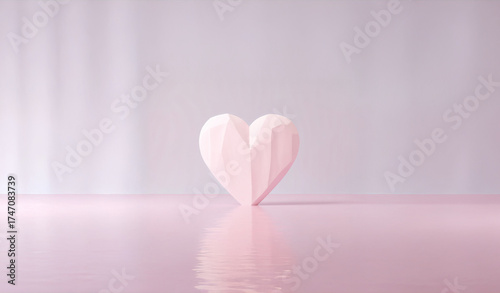 Pink polygonal heart standing on a reflective surface against a soft pastel background, symbolizing love, romance, passion, and thoughtful design for Valentine's Day