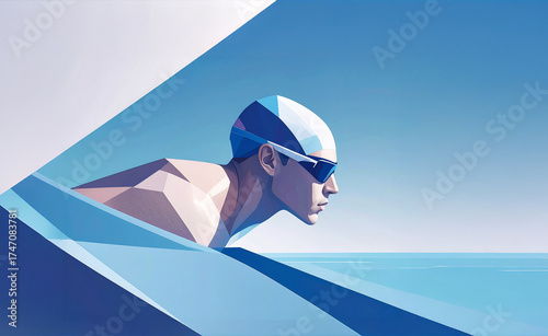 Athlete in swim cap and goggles preparing to dive in the water, embodying the spirit of competition and sporting excellence in a modern, angular illustration