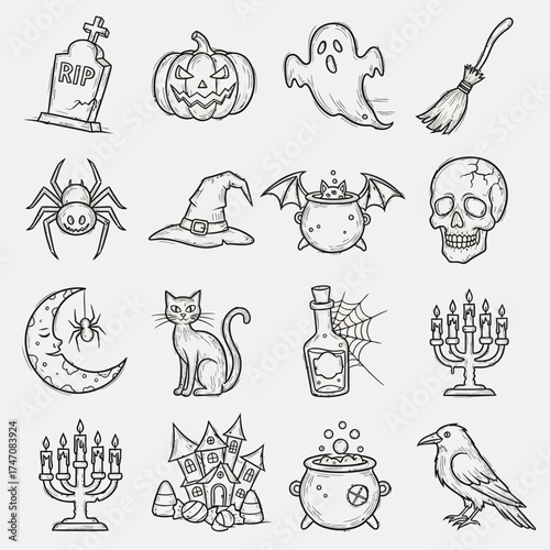 Halloween themed line art icons: tombstone, pumpkin, ghost, broom, spider, hat, cauldron, skull, moon, cat, potion, candles, haunted house, raven.