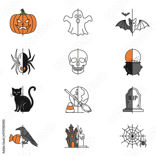 A collection of twelve Halloween icons with a split design, half color and half line art.