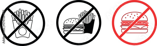 Prohibition icon set with no French fries, no hamburger, and no fast food symbols, black and red vector for dietary and policy signage