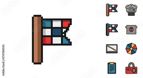 Pixel art style tattered checkered flag on a pole.