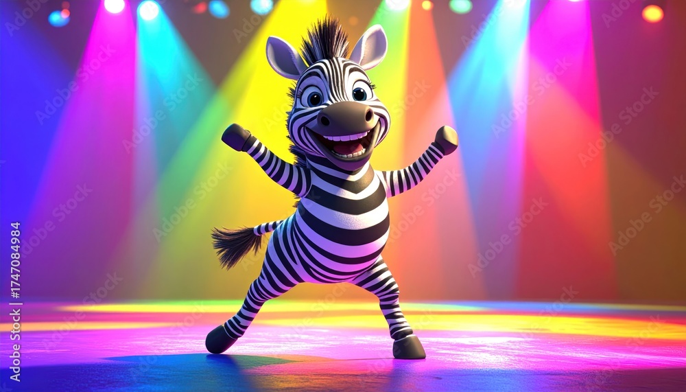 Fototapeta premium Cheerful zebra character dancing with vibrant stage lights and copy space