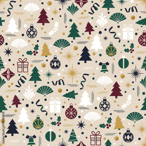 Christmas Pattern Vector. Seamless Decoration Christmas Pattern with Geometric Motif, Elegant Ornament, and Festive Glamorous Holiday Seamless Pattern Background.