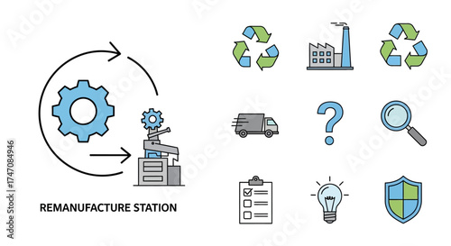 Remanufacturing Station and Circular Economy Icons - Industry, Recycling, and Sustainability.