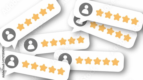 Multiple 5 star review cards popping our animation on white background