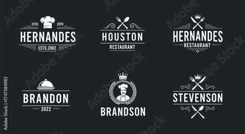 Restaurant logo icon set with chef hats, utensils, and laurel elements, black vector design for branding, food service, and culinary themes