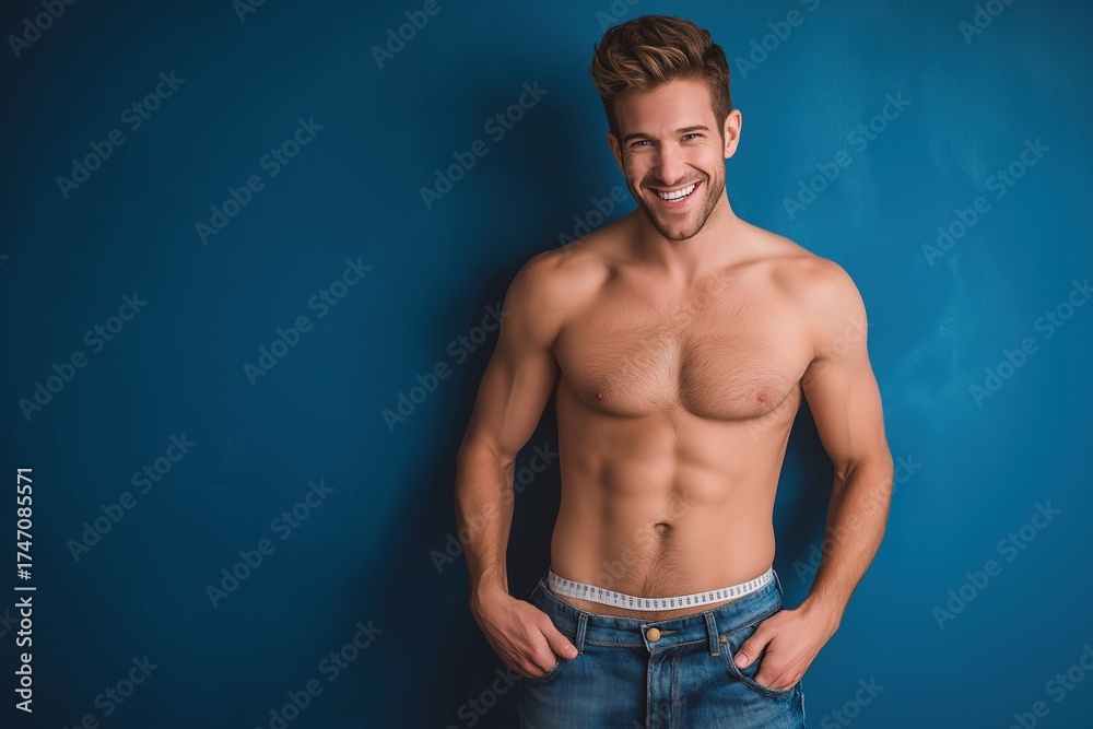 Fototapeta premium Happy Shirtless Man with a Fit Body and a Measuring Tape