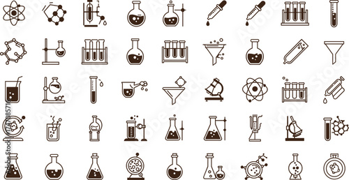 Laboratory science icon set, chemistry experiment, test tube, beaker, microscope, molecule, research, analysis, scientific study, chemical lab, education