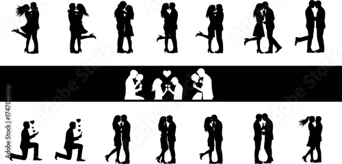 Romantic couple silhouette icon set with kissing, embracing, and proposal poses, black vector design for love, relationship, and Valentine themes